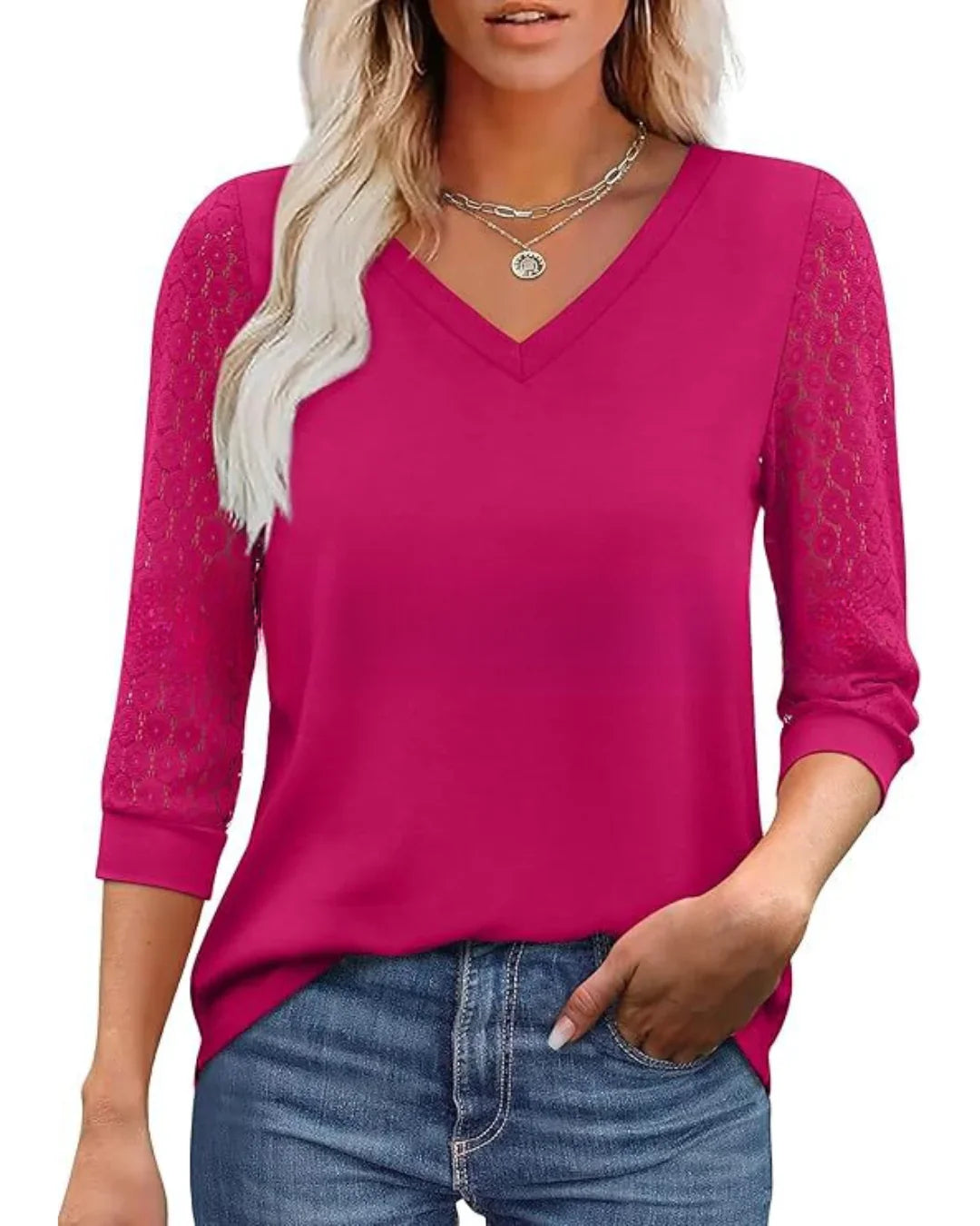 Lace | Sleeve Casual V-Neck Blouse