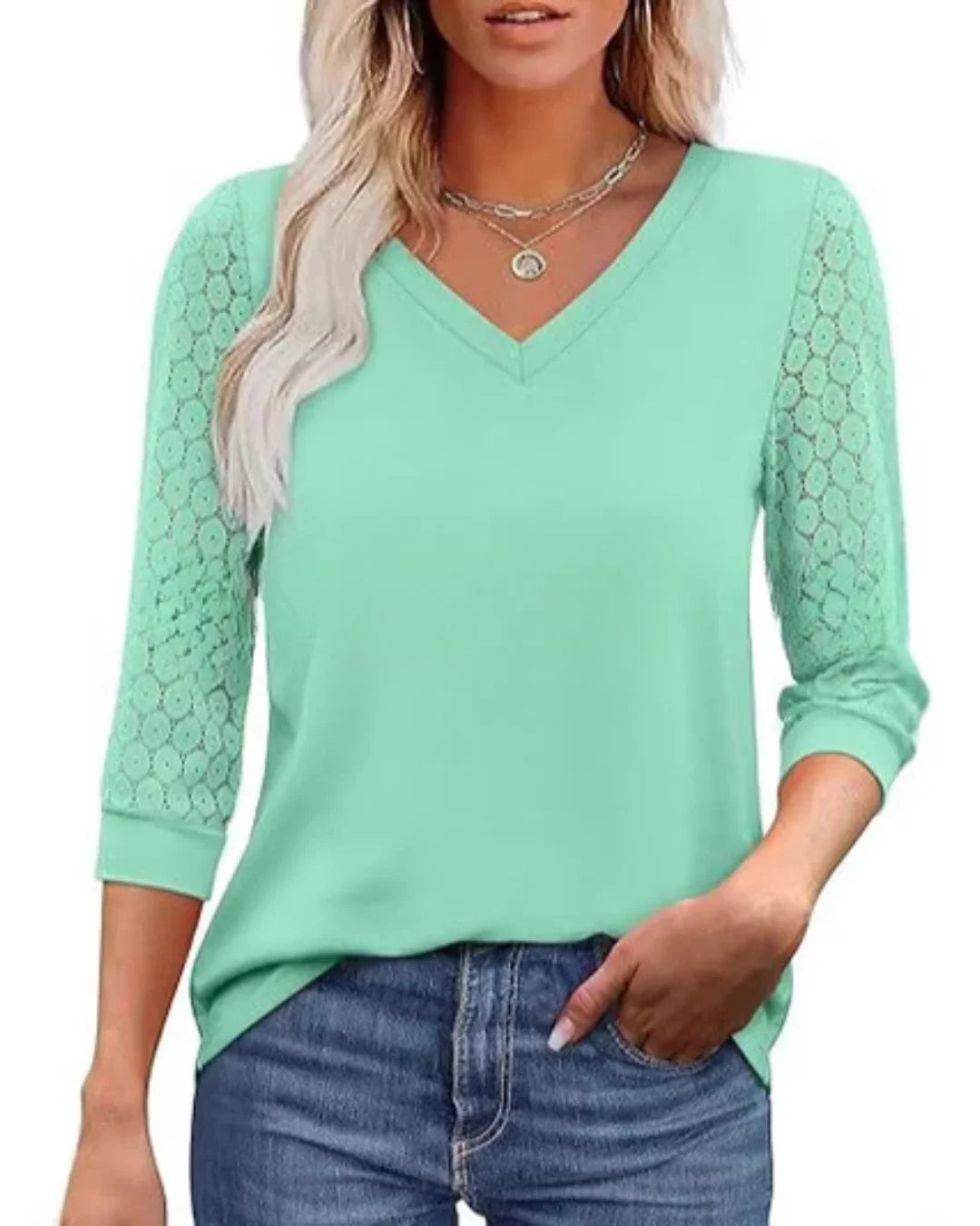 Lace | Sleeve Casual V-Neck Blouse