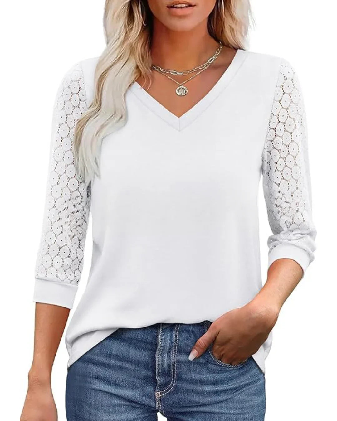 Lace | Sleeve Casual V-Neck Blouse