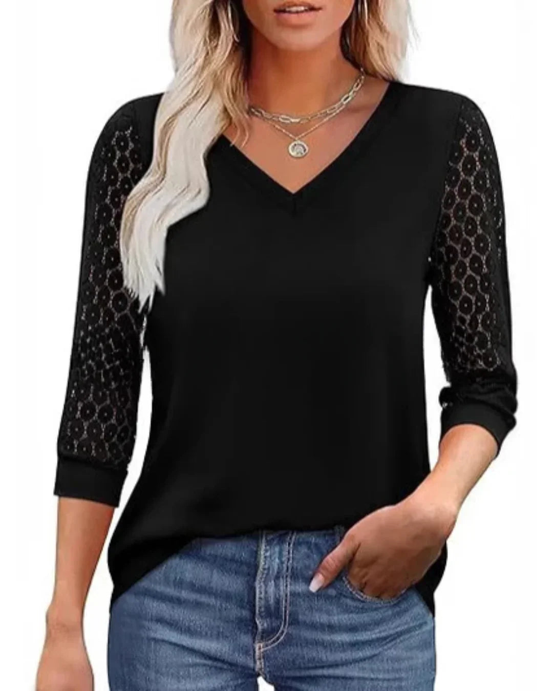 Lace | Sleeve Casual V-Neck Blouse