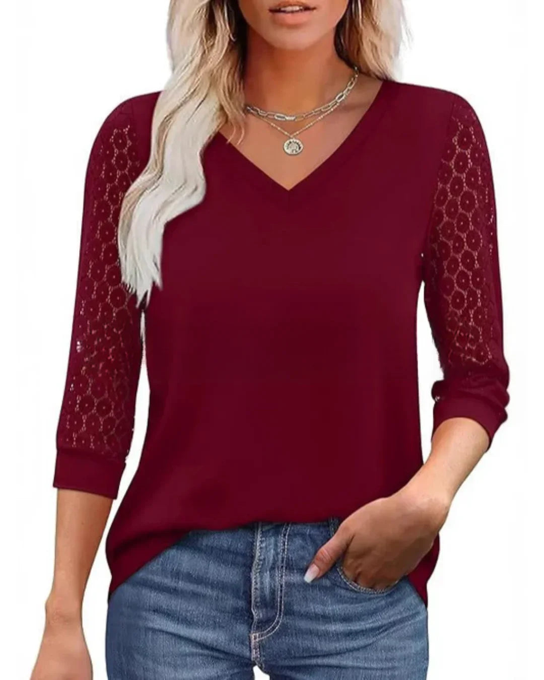 Lace | Sleeve Casual V-Neck Blouse