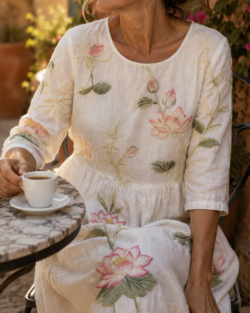 Lucia | Vestito in Misto Lino con Stampa di Piante e Fiori