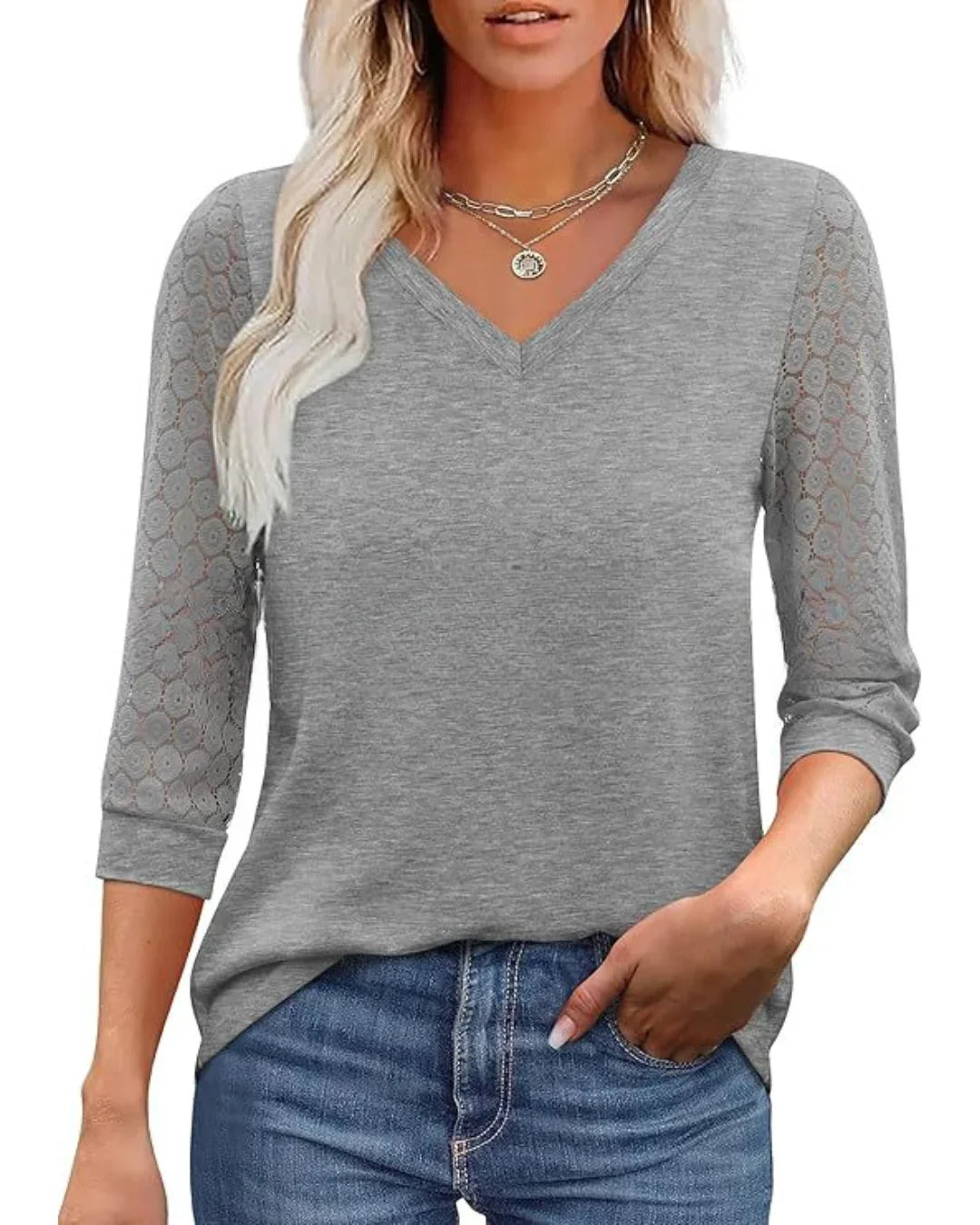 Lace | Sleeve Casual V-Neck Blouse