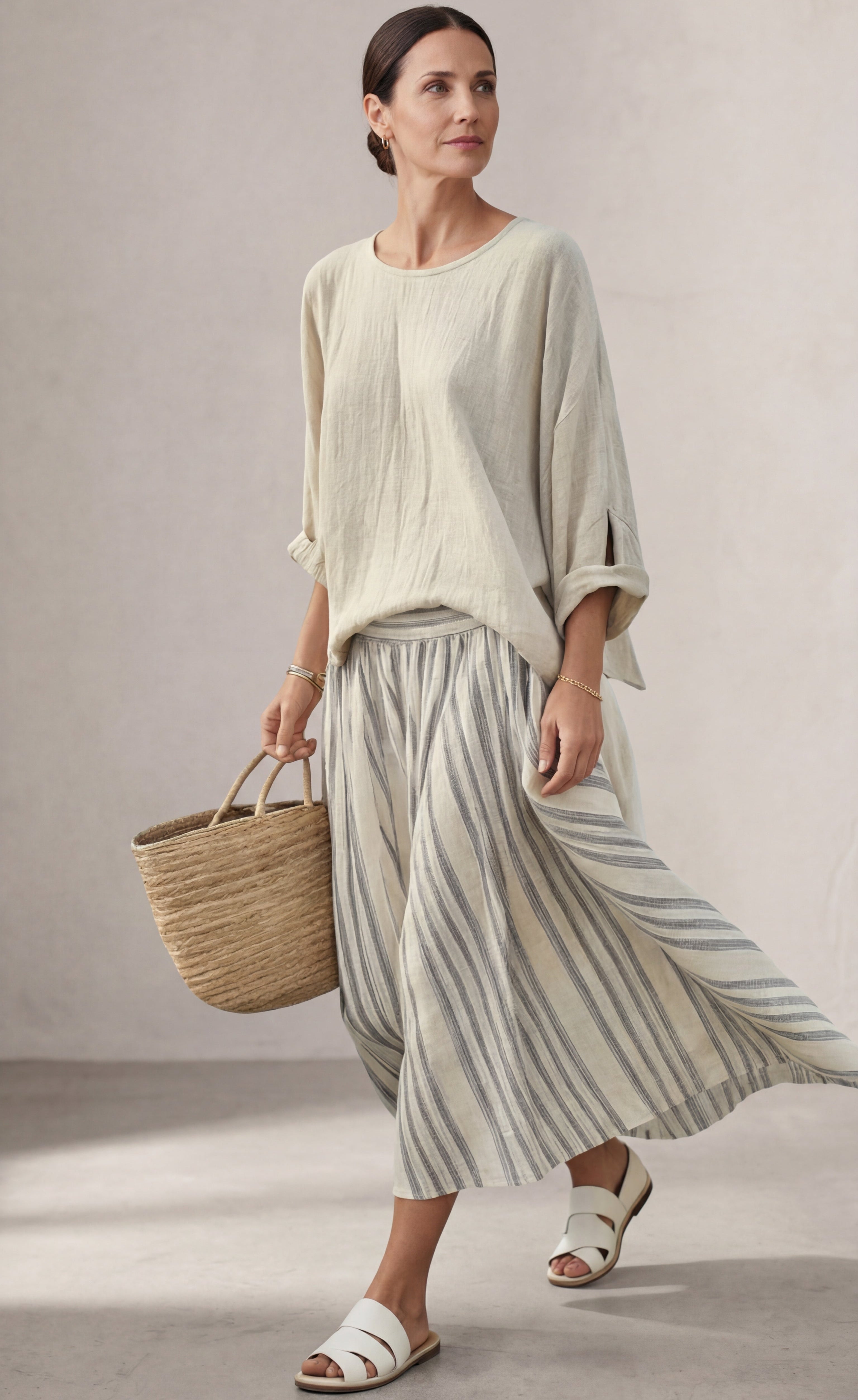 Aurora | Comfortable Blouse and Striped Midi Skirt